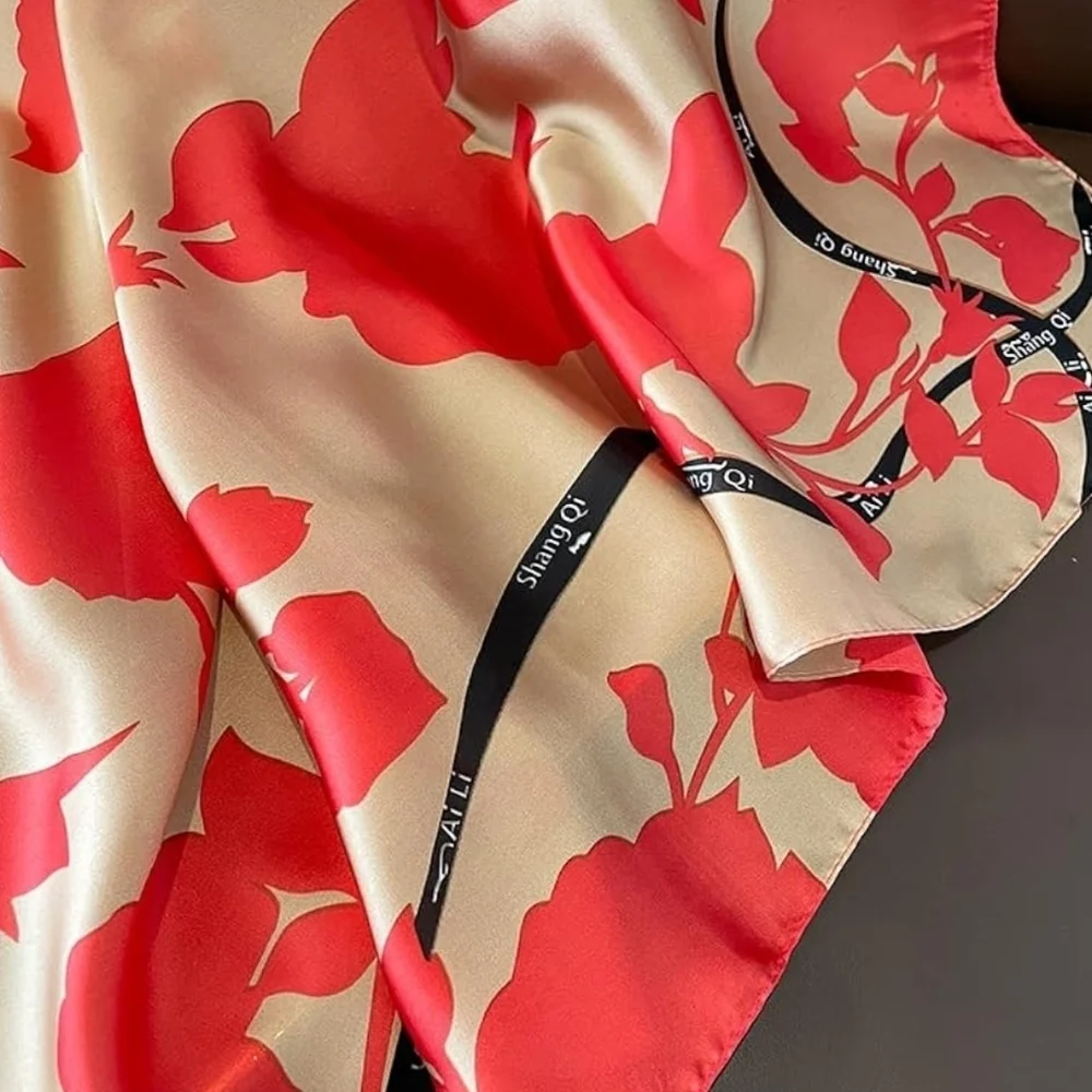 NWT Shang Qi Red Floral Silky Satin Square Scarf Head Wrap- 35